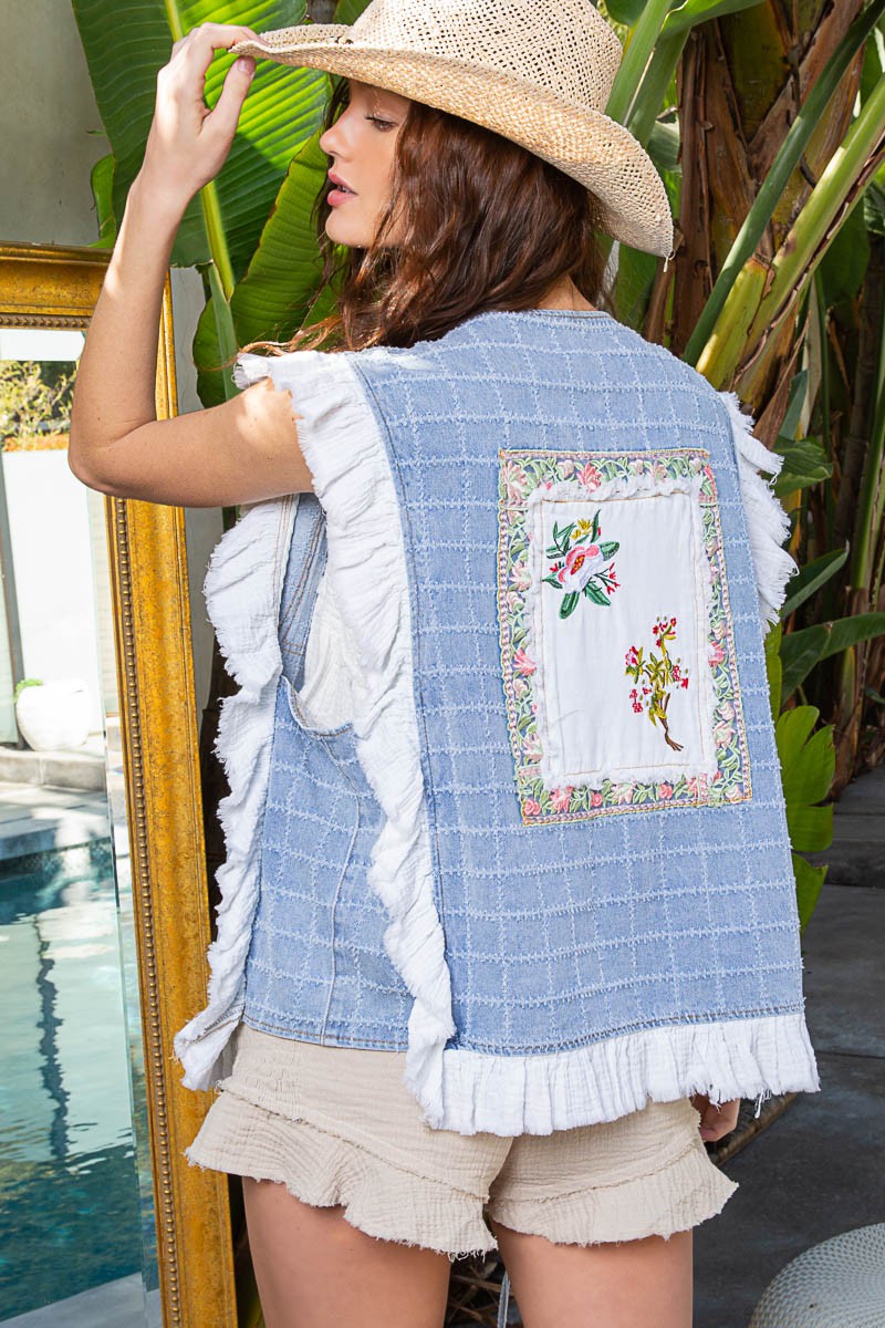 POL Patch Work Ruffle Trim Tie Front Square Denim Vest Top