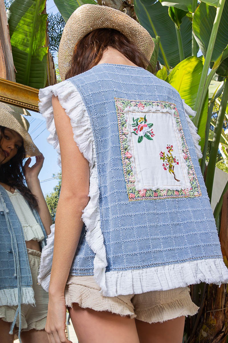 POL Patch Work Ruffle Trim Tie Front Square Denim Vest Top