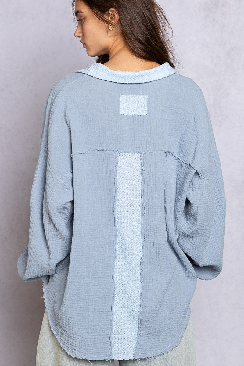 POL Color Stitch Relaxed Fit Front Pocket Long Sleeve Top
