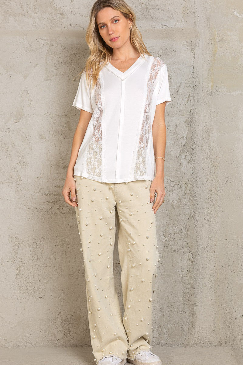 POL Inset Lace Outseam Details Short Sleeve V Neck Tee Top