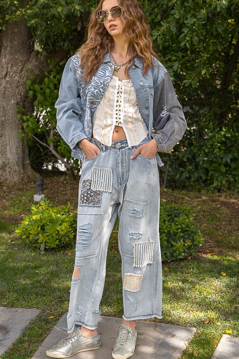 POL Oversize Contrast Marbling Pattern Relaxed Fit Denim Jacket