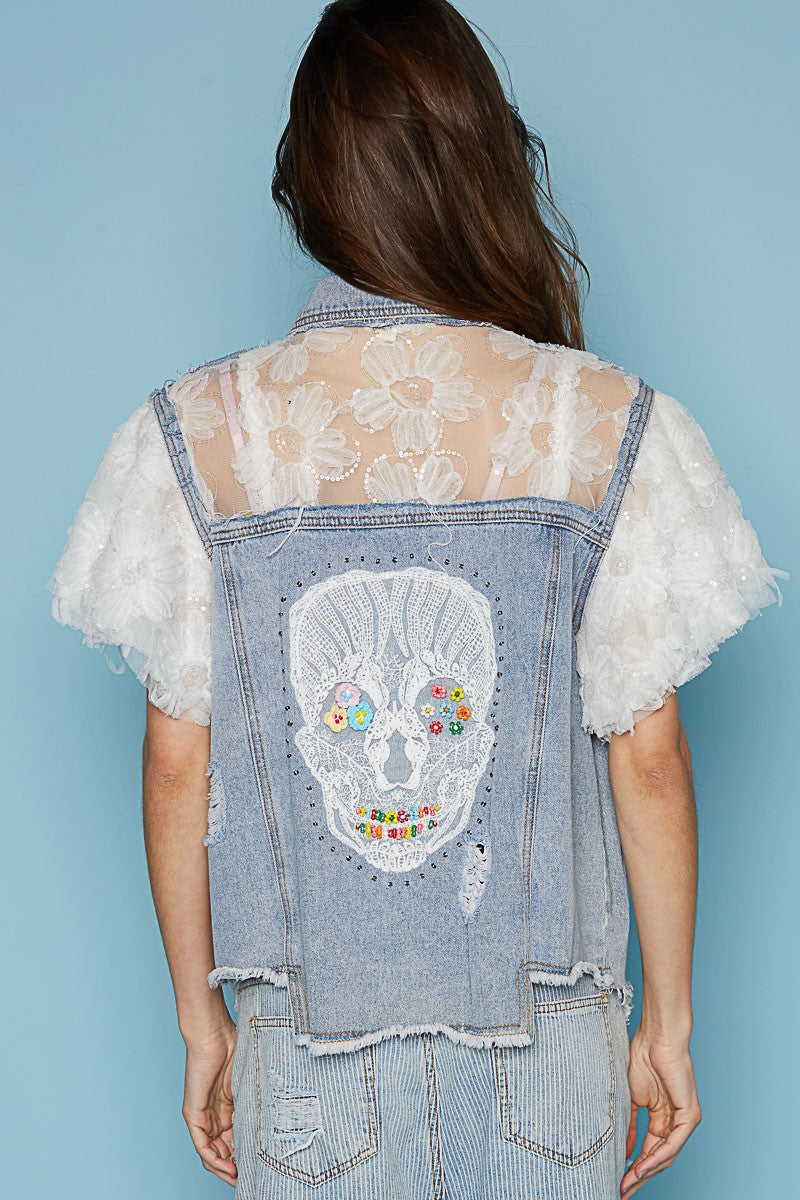 POL Lace Short Sleeve Back 3 layered distress Denim Jacket - Roulhac Fashion Boutique