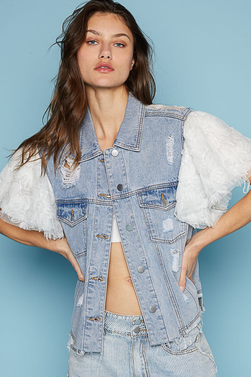 POL Lace Short Sleeve Back 3 layered distress Denim Jacket - Roulhac Fashion Boutique