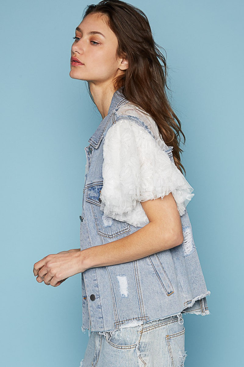 POL Lace Short Sleeve Back 3 layered distress Denim Jacket - Roulhac Fashion Boutique