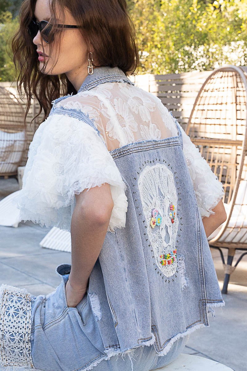 POL Lace Short Sleeve Back 3 layered distress Denim Jacket