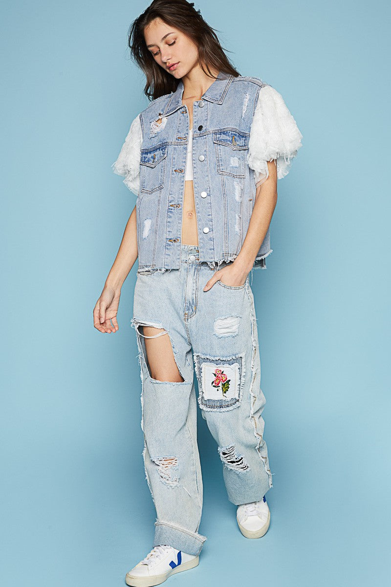 POL Lace Short Sleeve Back 3 layered distress Denim Jacket - Roulhac Fashion Boutique