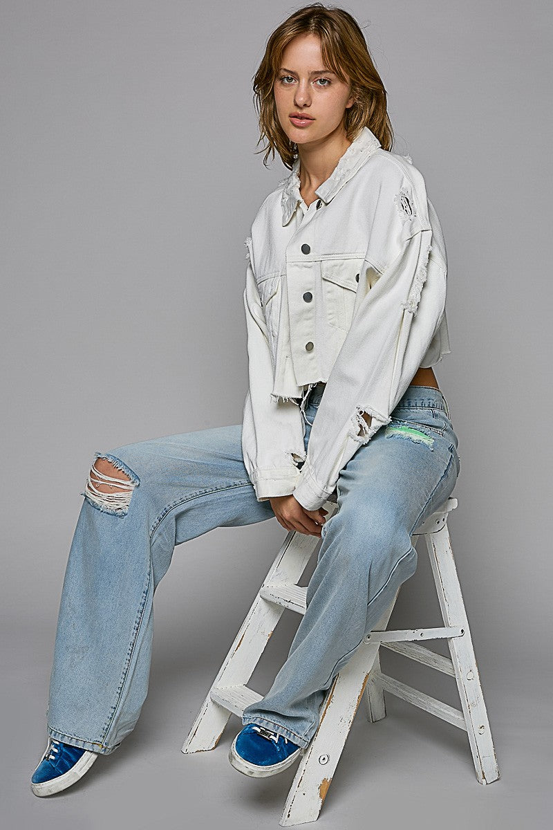 POL Cropped Distressed Raw Edge Front Pockets Denim Jacket