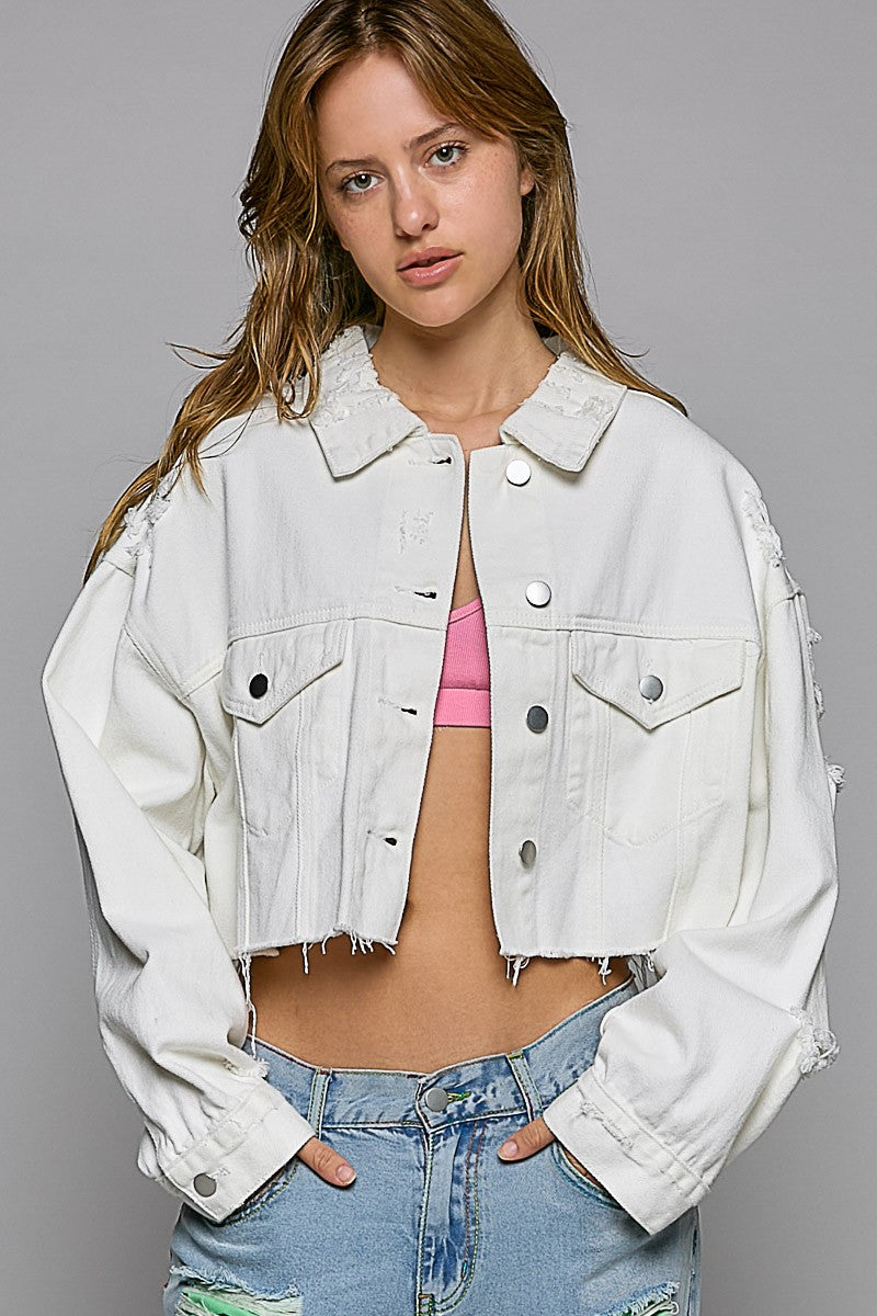 POL Cropped Distressed Raw Edge Front Pockets Denim Jacket