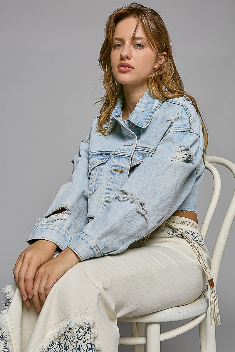 POL Cropped Distressed Raw Edge Front Pockets Denim Jacket - Roulhac Fashion Boutique