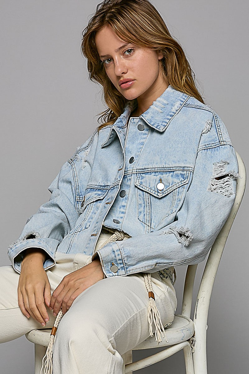 POL Cropped Distressed Raw Edge Front Pockets Denim Jacket - Roulhac Fashion Boutique