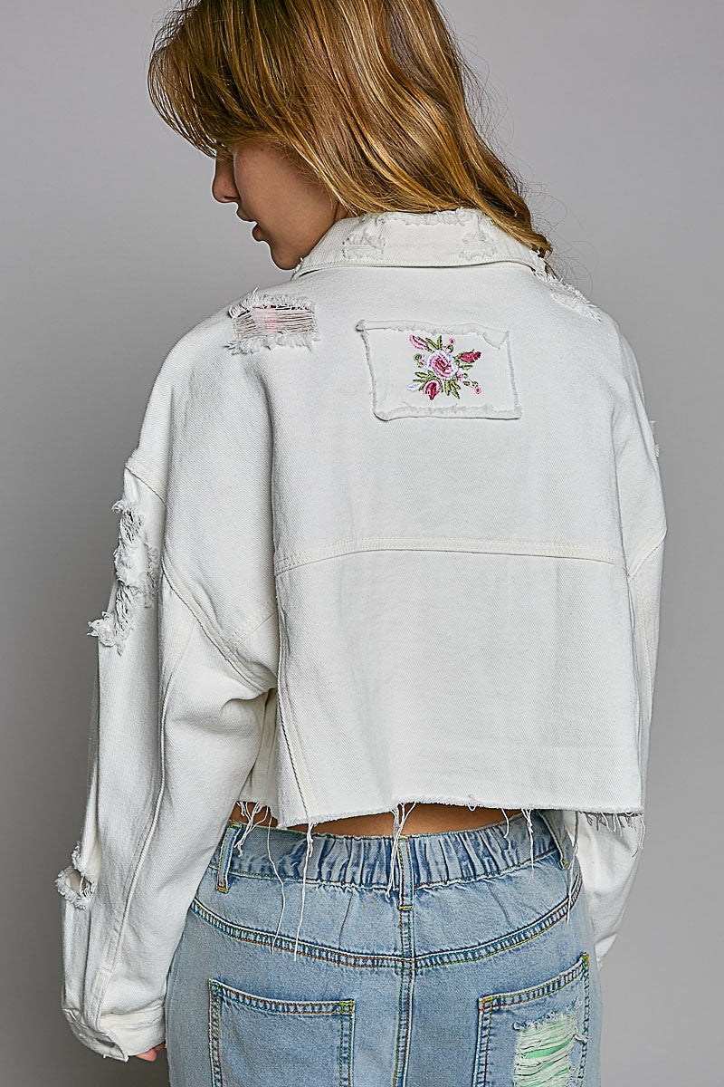 POL Cropped Distressed Raw Edge Front Pockets Denim Jacket