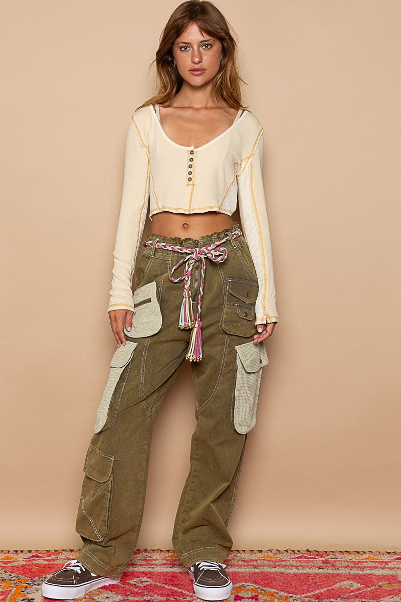 POL Round Neck Long Sleeves Cropped Top