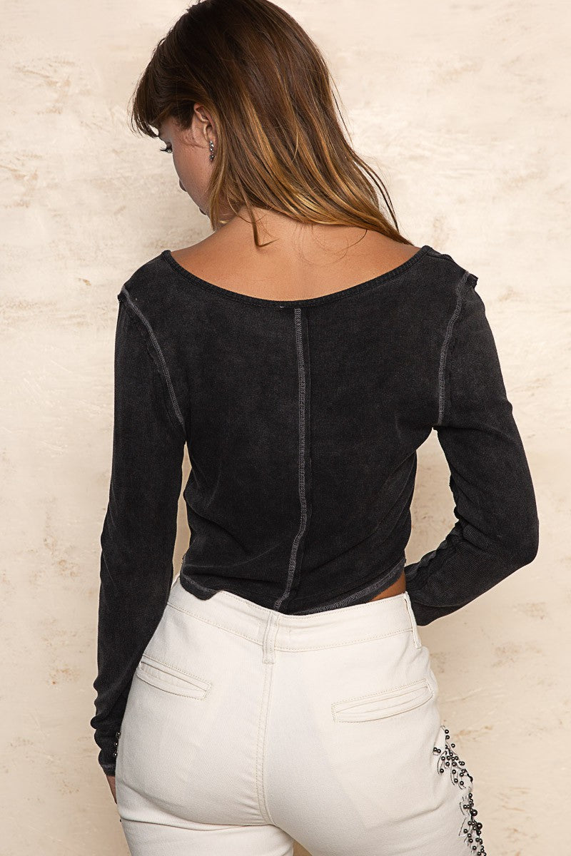 POL Round Neck Long Sleeves Cropped Top