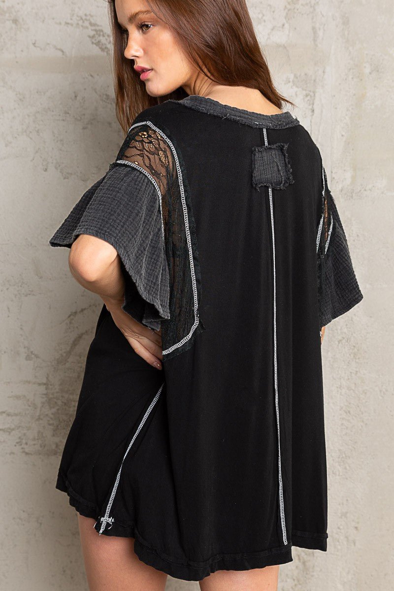 POL Relaxed Fit Ruffle Lace Mix Knit Short Sleeve V-Neck Jersey Top - Roulhac Fashion Boutique