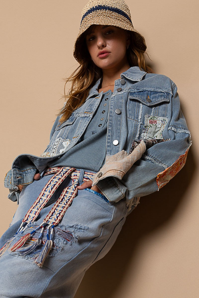 POL Distressed Outseam Patch Button Denim Jacket - Roulhac Fashion Boutique