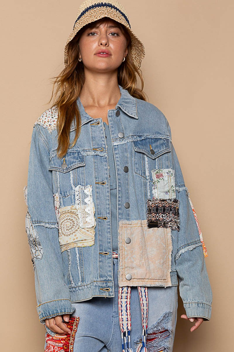 POL Distressed Outseam Patch Button Denim Jacket - Roulhac Fashion Boutique