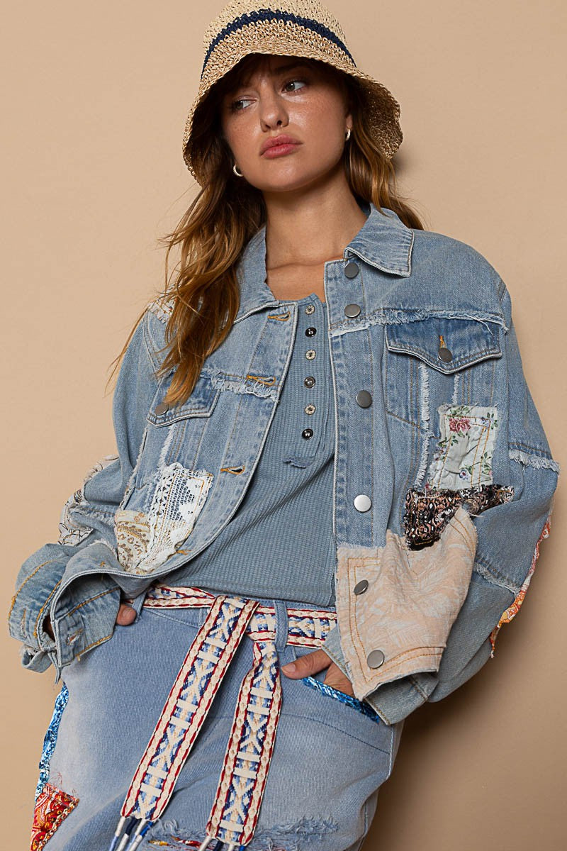 POL Distressed Outseam Patch Button Denim Jacket - Roulhac Fashion Boutique