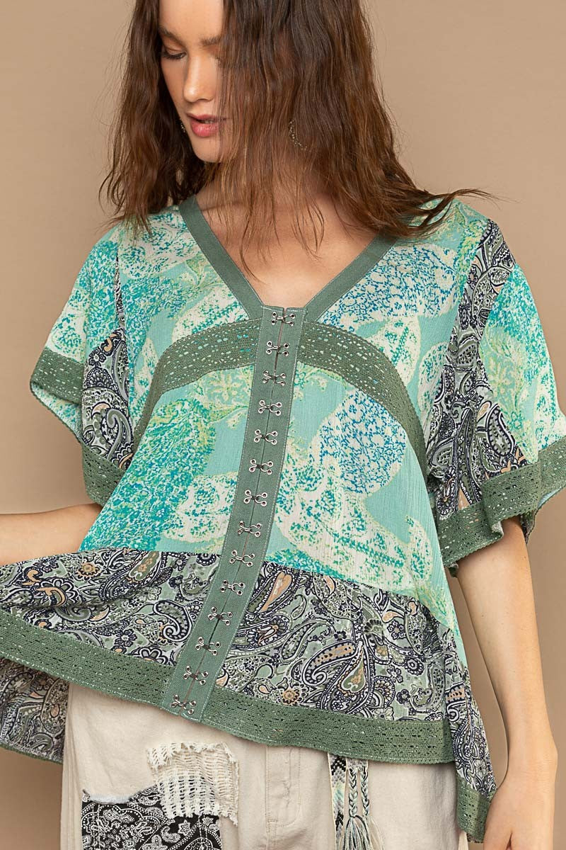 POL Multi print mixed Vneck Half Sleeves Woven eyelet tape colored trim Top - Roulhac Fashion Boutique