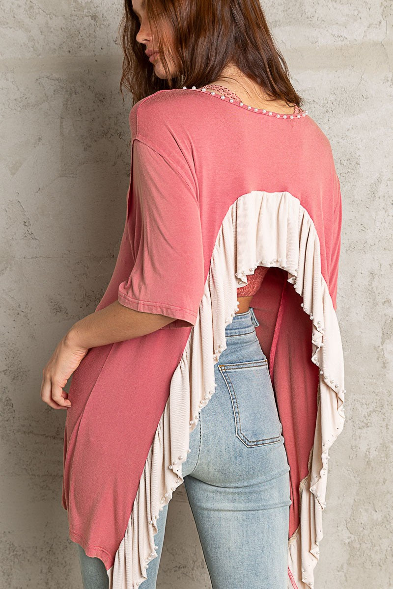 POL Embellished Pearl Neckline Open Back Top