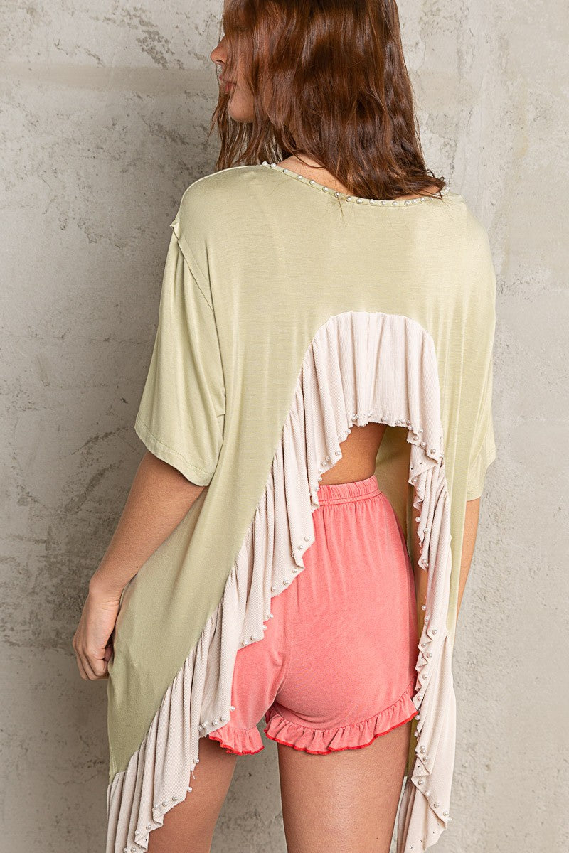 POL Embellished Pearl Neckline Open Back Top