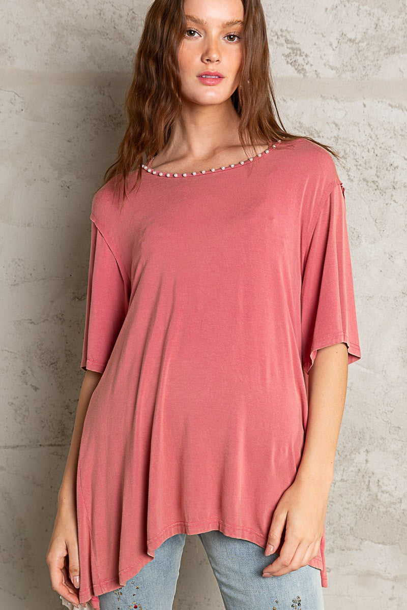 POL Embellished Pearl Neckline Open Back Top