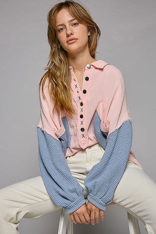 POL Oversize Contrast Thermal Sleeve Button Up Collar Relaxed Fit Shirt - Roulhac Fashion Boutique