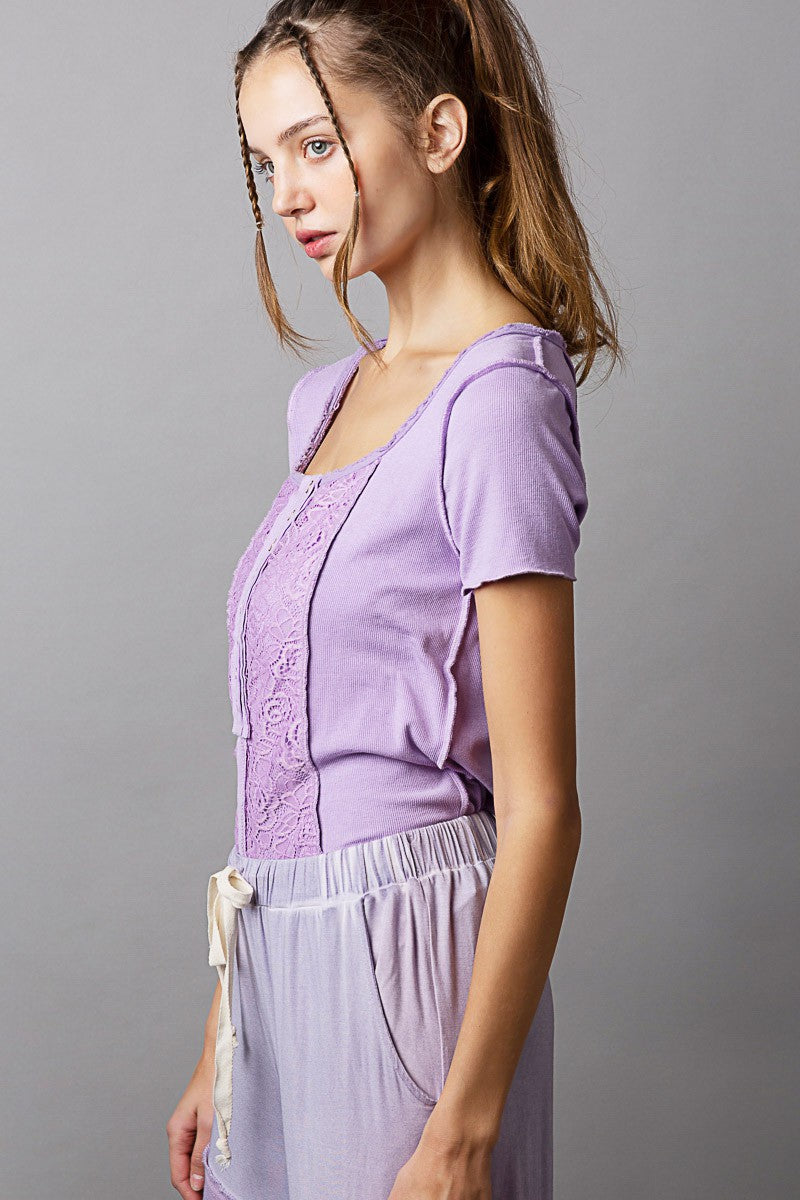 POL Square Neck Short Sleeve Center Hook Knit Top