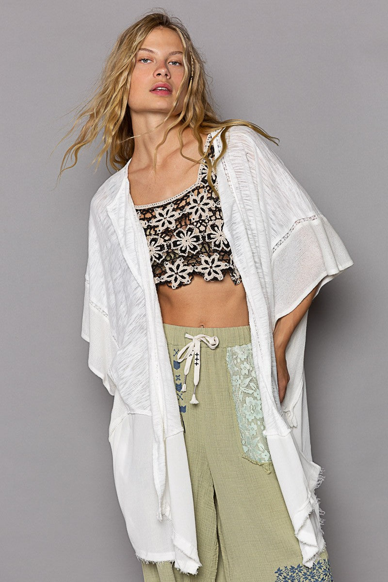 POL Open Front Draped Contrast Kimono Layering Top