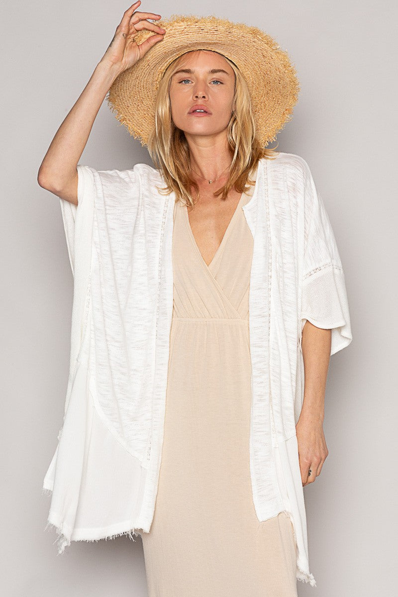 POL Open Front Draped Contrast Kimono Layering Top
