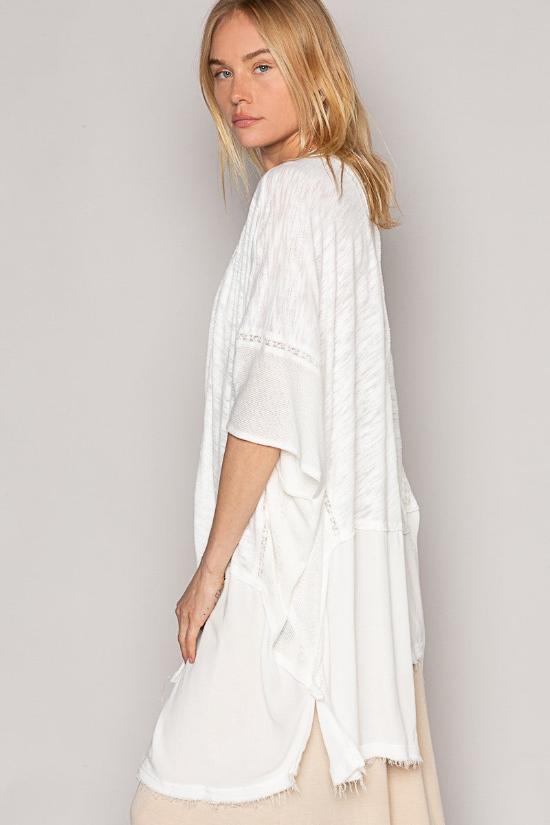 POL Open Front Draped Contrast Kimono Layering Top