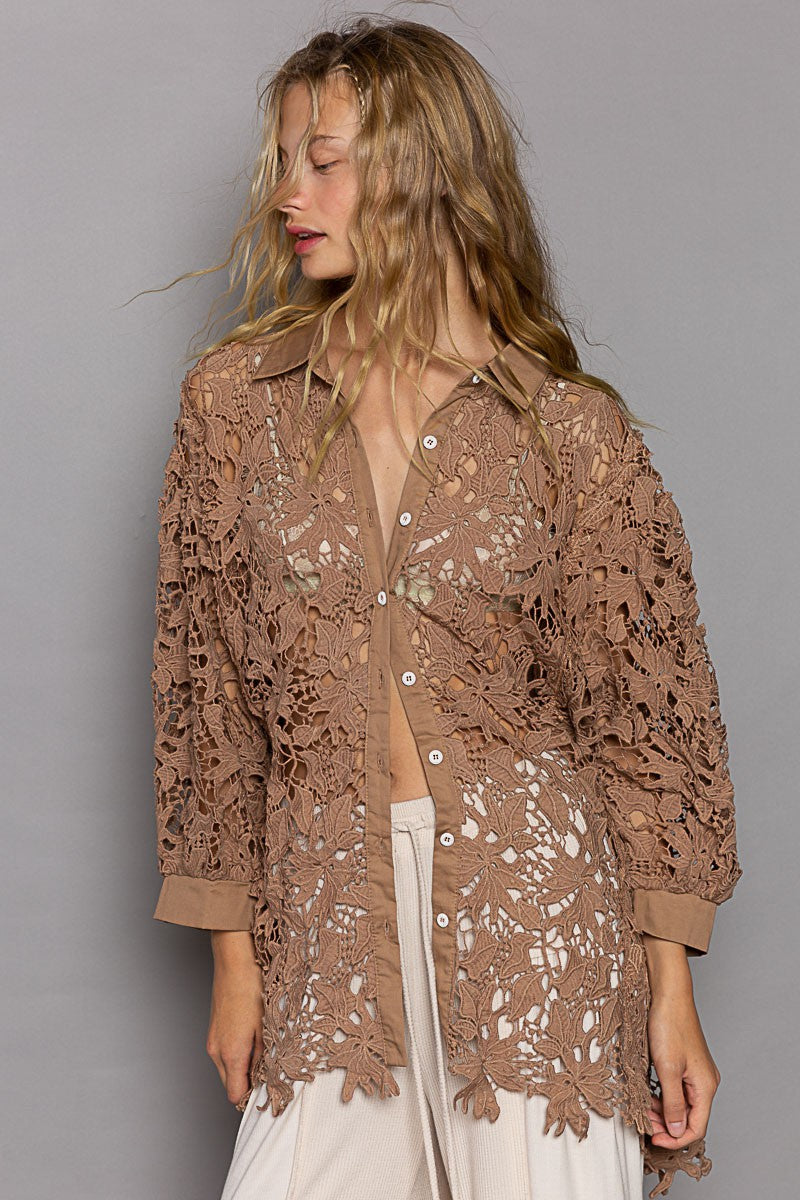 POL Lace Crochet Balloon Sleeve Button Down Shirt Top