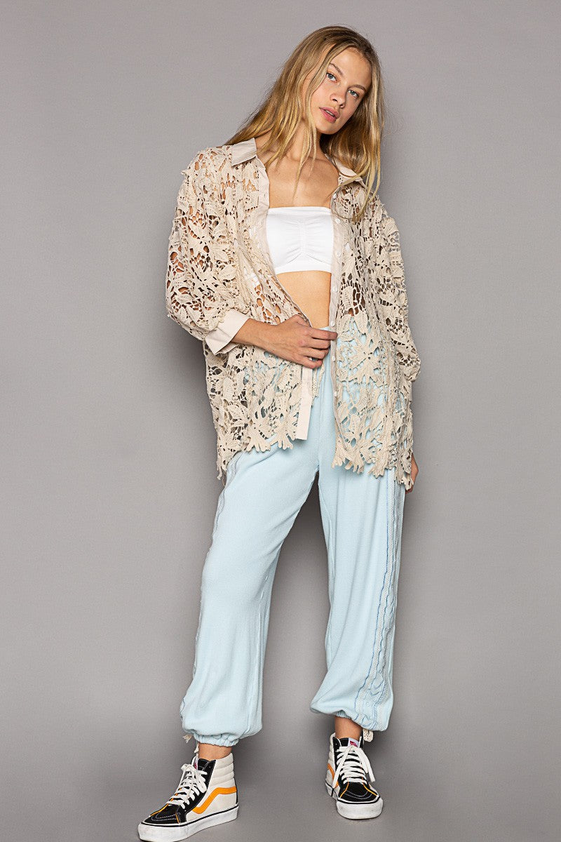 POL Lace Crochet Balloon Sleeve Button Down Shirt Top