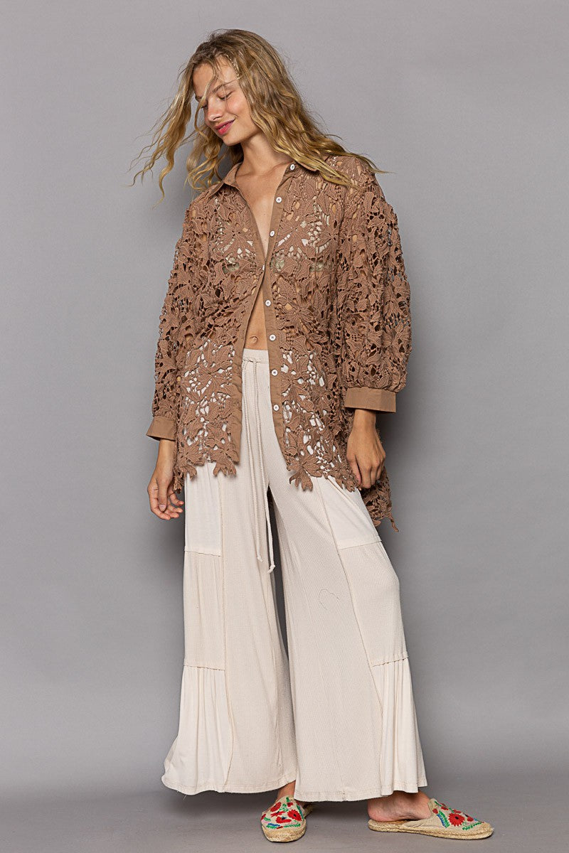 POL Lace Crochet Balloon Sleeve Button Down Shirt Top
