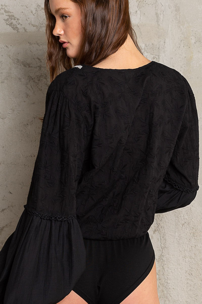 POL V-neck Embroidered detail Body suit - Roulhac Fashion Boutique