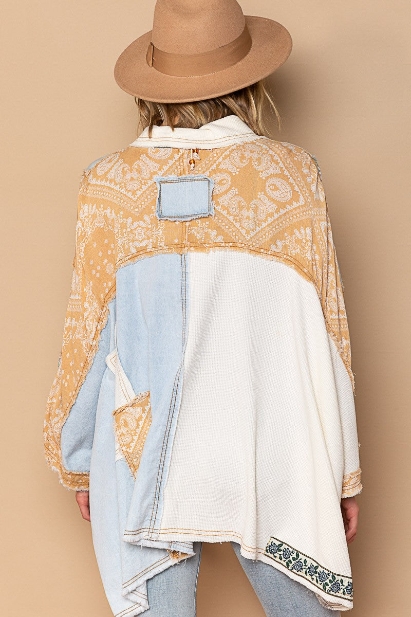 POL Multi Fabric Contrast 3/4 Sleeve High Low Button Down Shirt - Roulhac Fashion Boutique