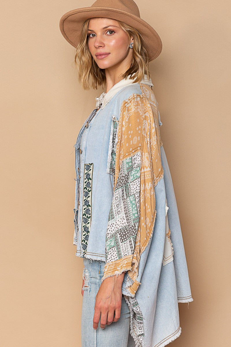 POL Multi Fabric Contrast 3/4 Sleeve High Low Button Down Shirt - Roulhac Fashion Boutique