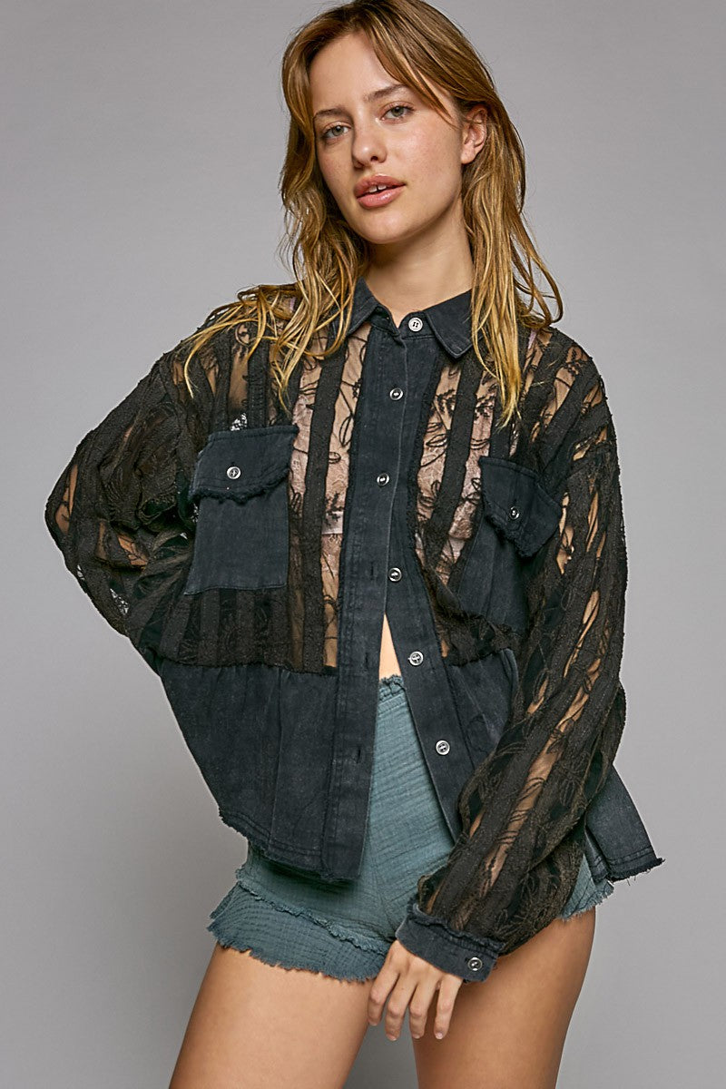 POL Oversize Button Down Contrast Lace Pattern Shirt Jacket