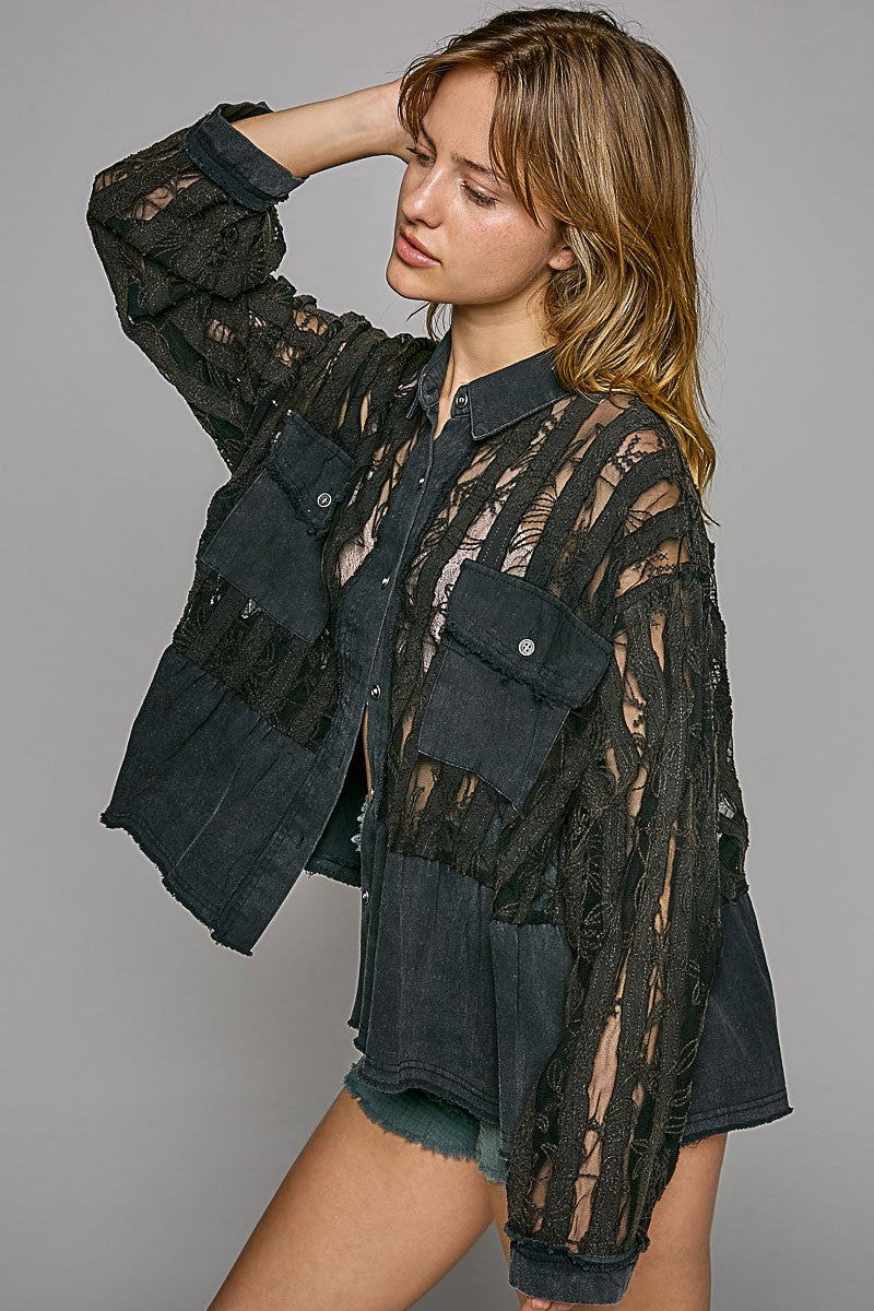 POL Oversize Button Down Contrast Lace Pattern Shirt Jacket