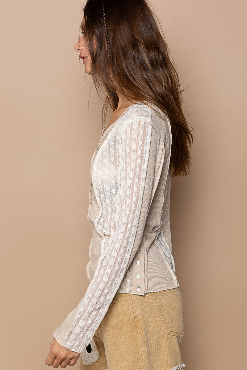 POL Henley Contrast Fabric Long Sleeve V Neck Top