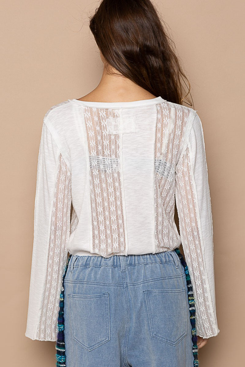 POL Henley Contrast Fabric Long Sleeve V Neck Top