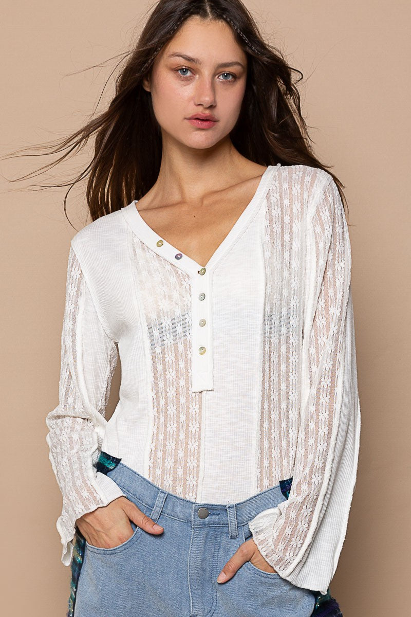 POL Henley Contrast Fabric Long Sleeve V Neck Top