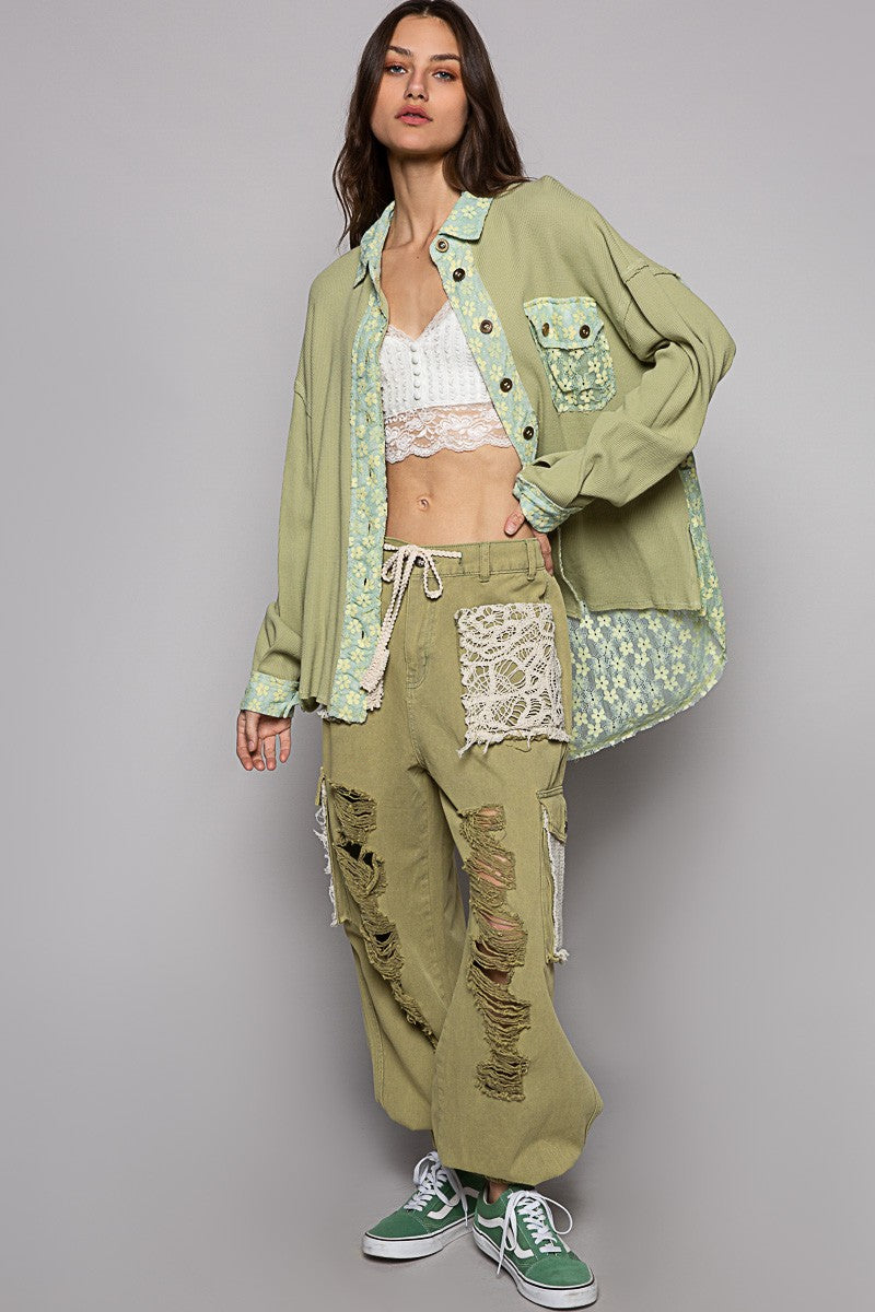 POL Thermal Oversize Contrast Lace Panel Shirt Top