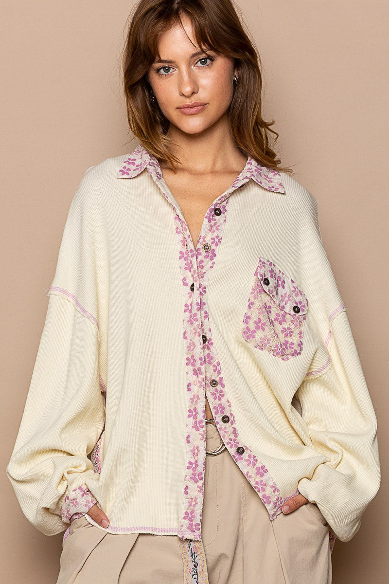 POL Thermal Oversize Contrast Lace Panel Shirt Top