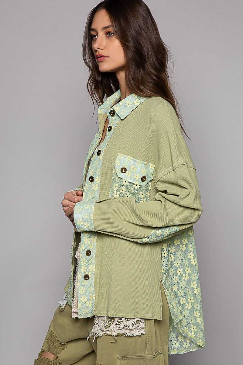 POL Thermal Oversize Contrast Lace Panel Shirt Top