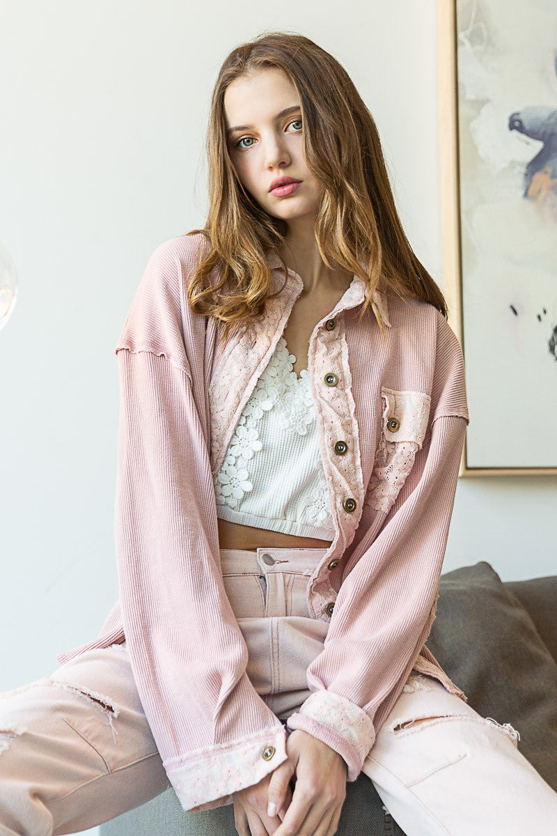 POL Thermal Oversize Contrast Lace Panel Shirt Top