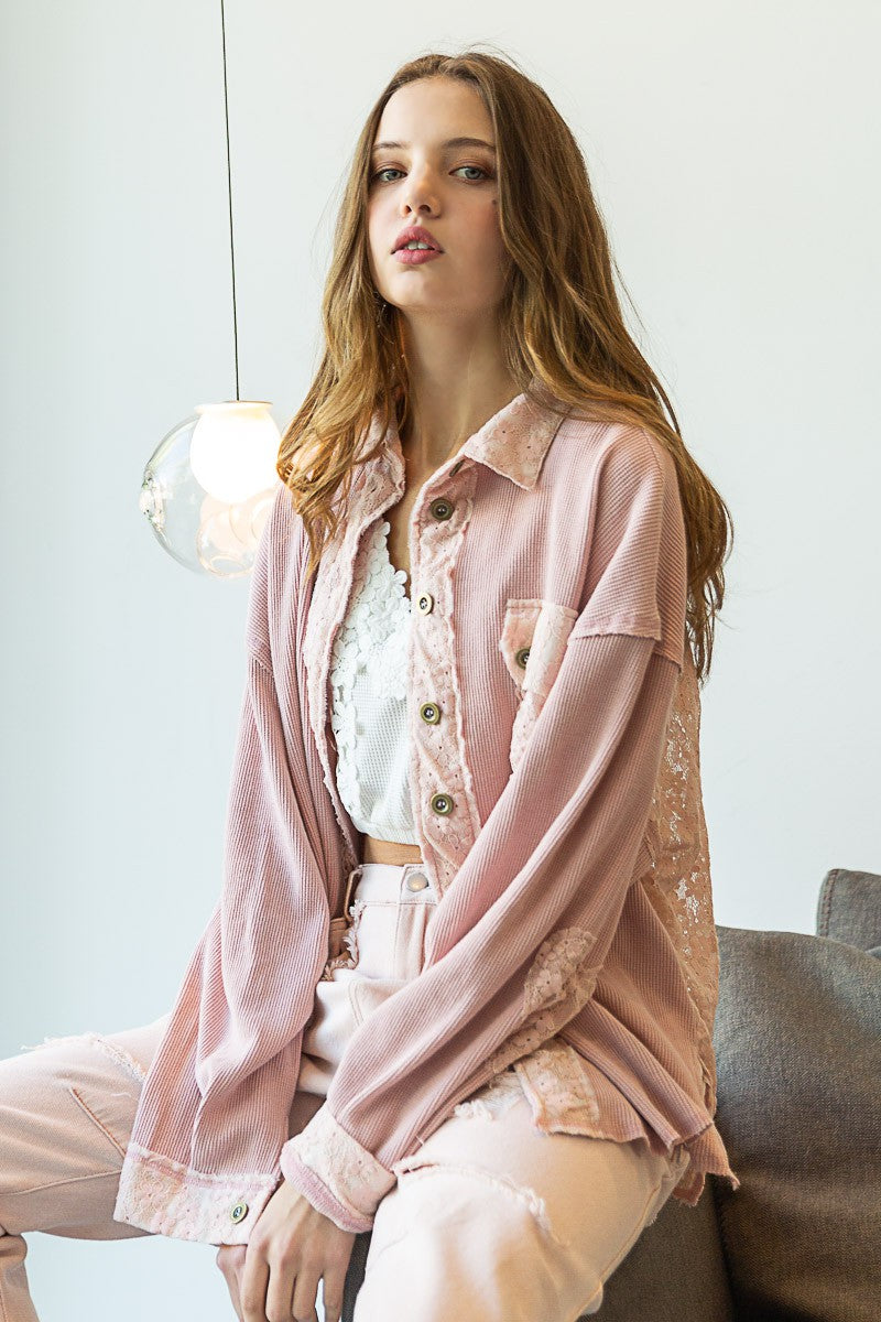 POL Thermal Oversize Contrast Lace Panel Shirt Top