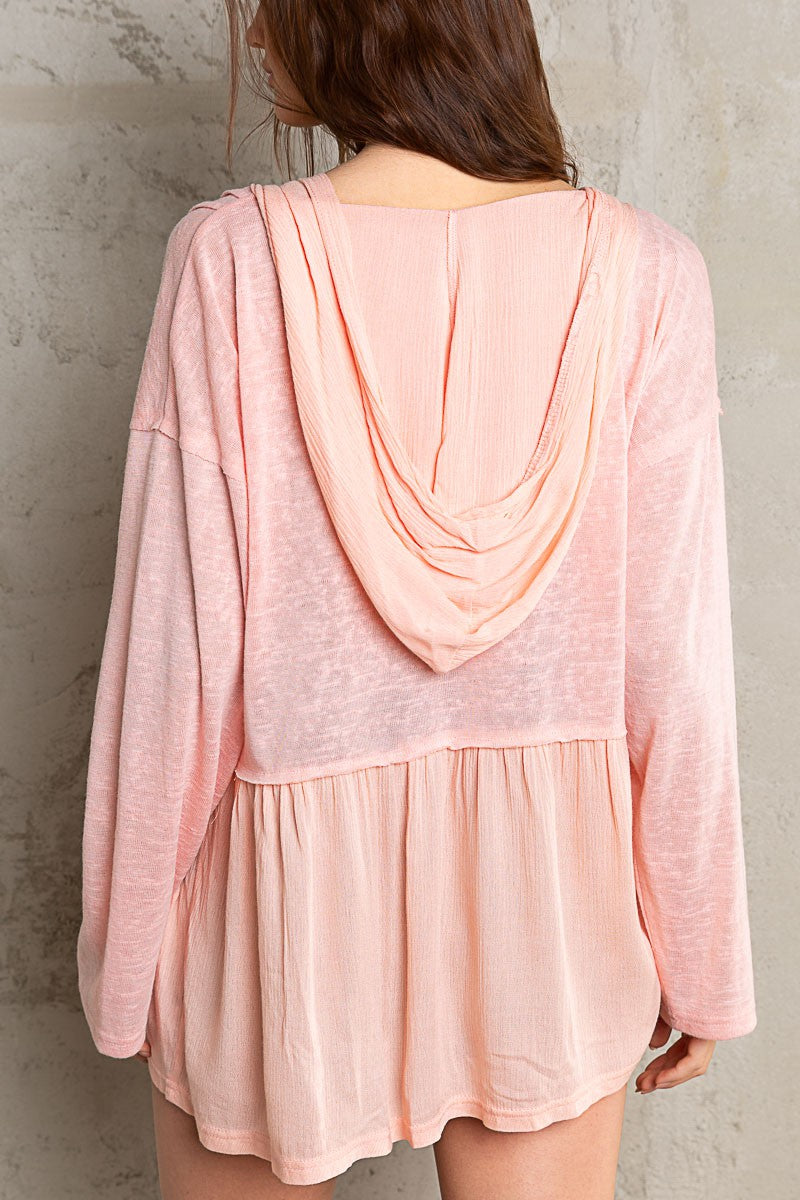 POL Boxy Babydoll Fit Elastic Loop Long Sleeve Pin Tuck Hooded Top - Roulhac Fashion Boutique