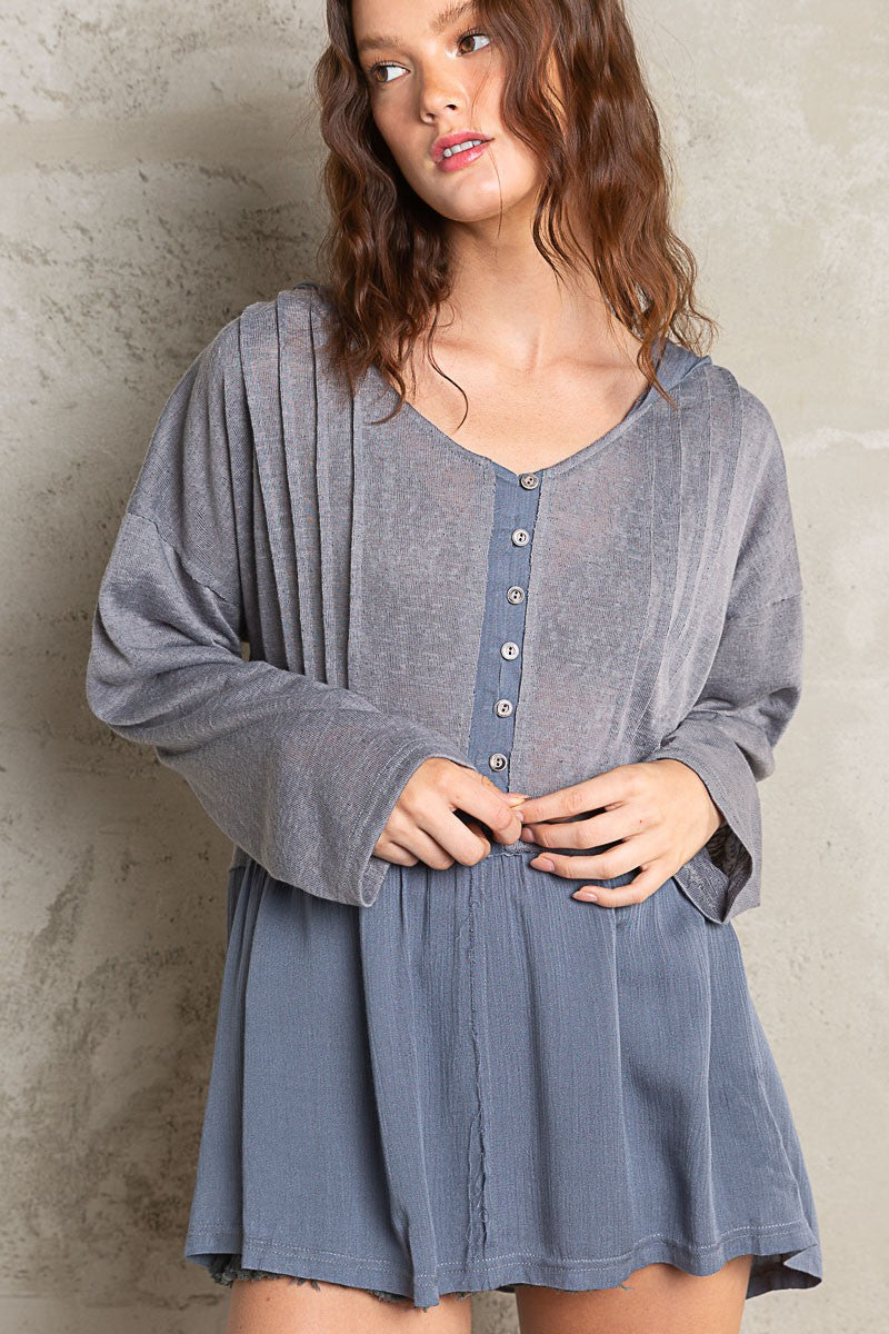 POL Boxy Babydoll Fit Elastic Loop Long Sleeve Pin Tuck Hooded Top - Roulhac Fashion Boutique