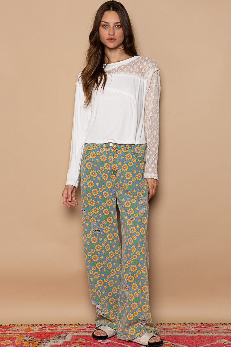 POL Lace Patchwork Round Neck Long Sleeves Ribbed Top