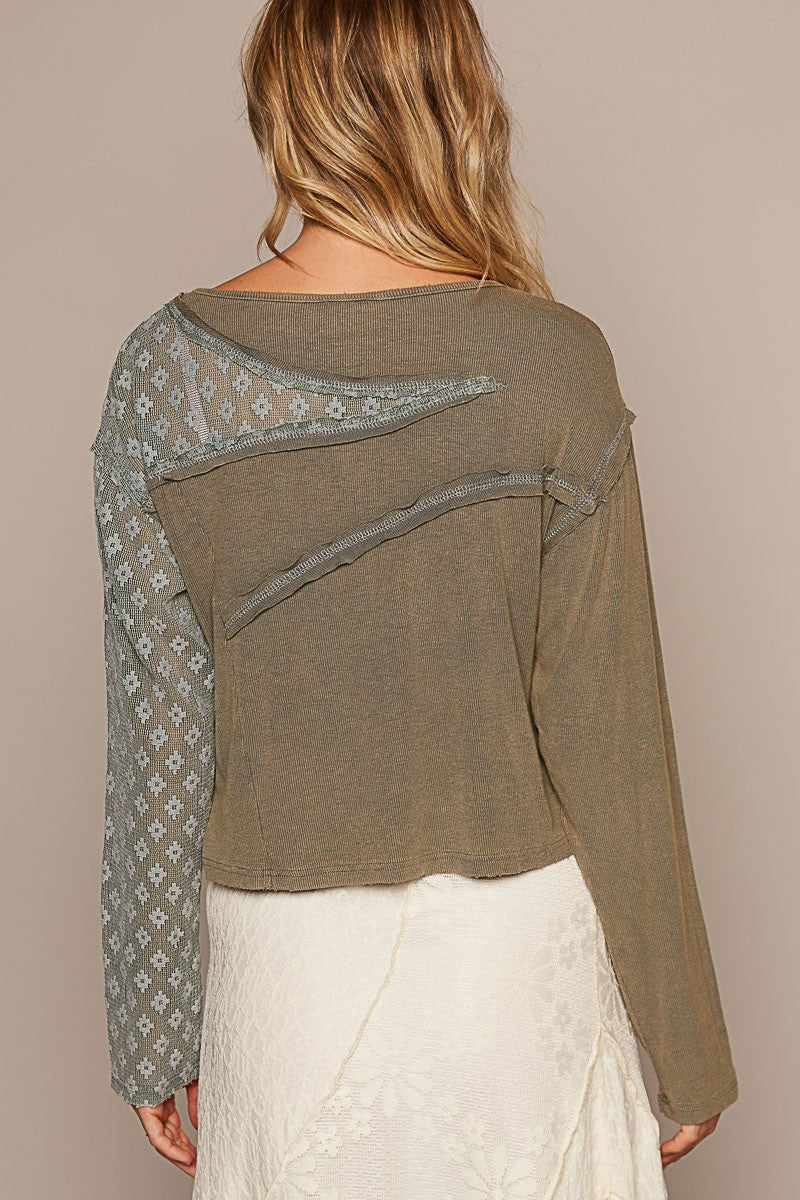 POL Lace Patchwork Round Neck Long Sleeves Ribbed Top